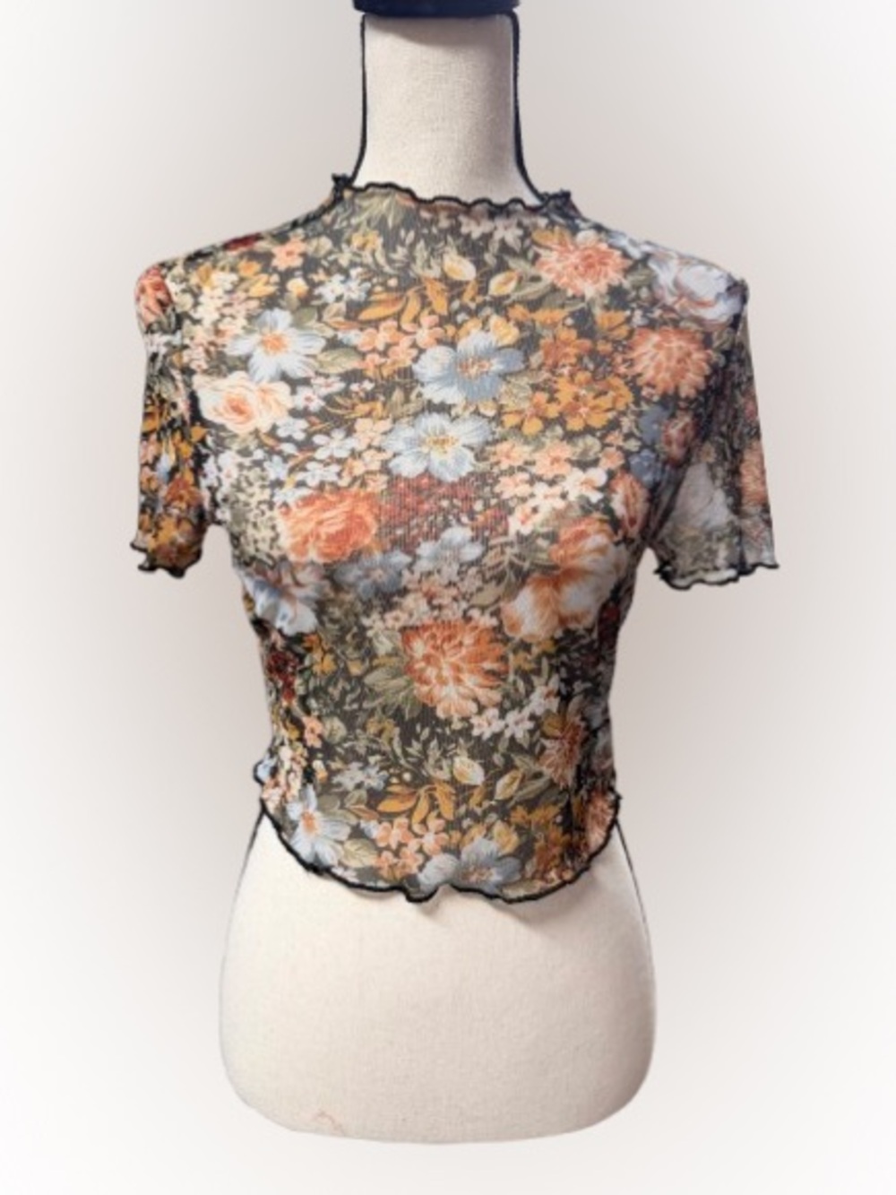 Floral Sheer Mesh Baby Tee Crop Top Lettuce Hem Y2K 90s Grunge